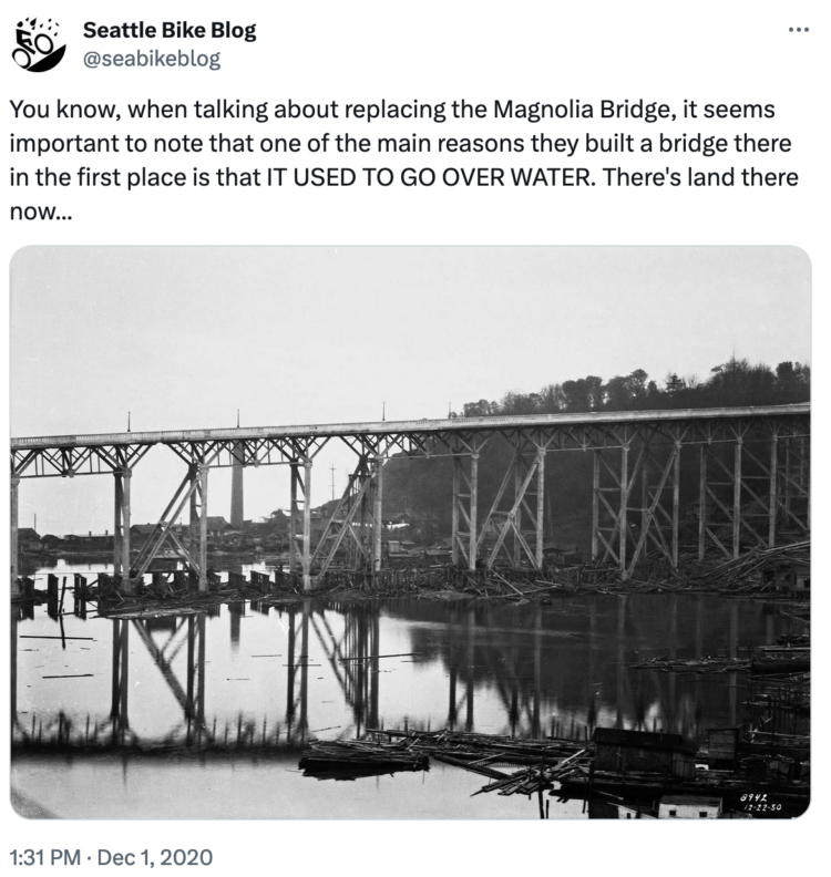 Screenshot of a Seattle Bike Blog twitter post with a historic photo of the Magnolia Bridge crossing water. 